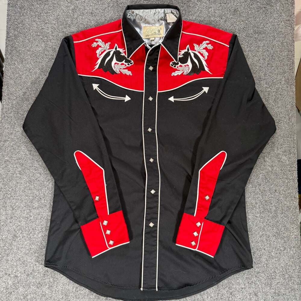 Vintage Roper Men's Embroidered Horse Western Snap Shirt Black/Red Size Large